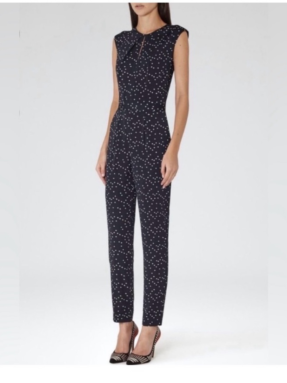 Reiss Navy and White Polka Dot Sleeveless Jumpsuit